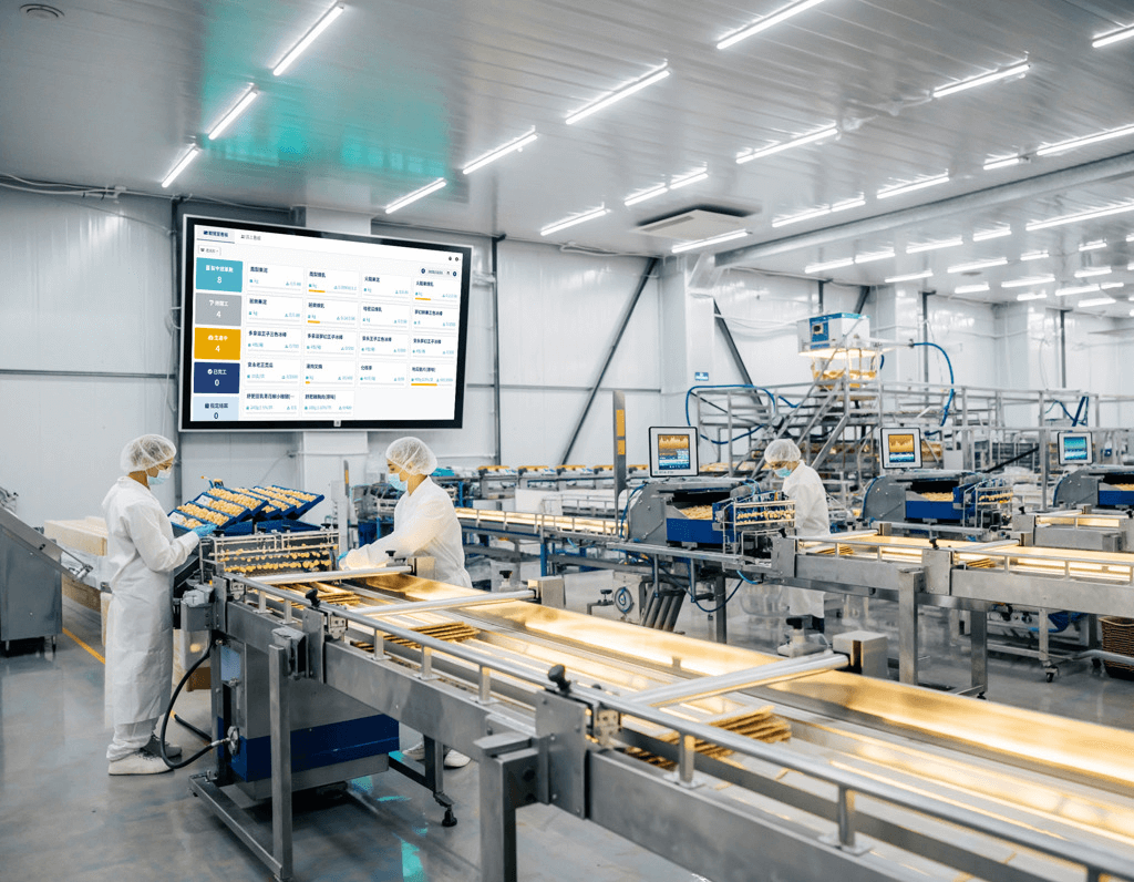 食品製程普遍繁複，凌聚ERP透過直覺的製令、製程與生產線總覽畫面，使生管與廠長可即時監控生產節點與進度